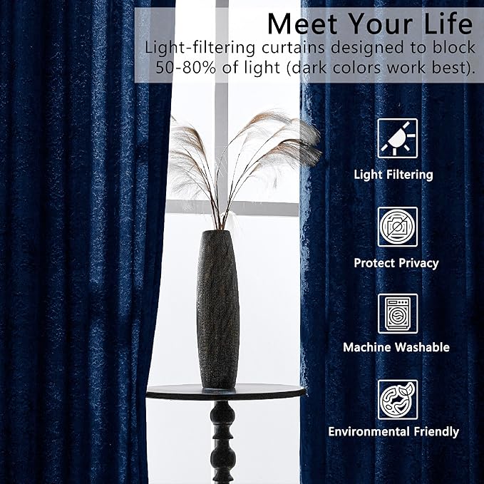 SMILETIME Navy Blue Crushed Velvet Curtains 52x96inch Rod Pocket Luxurious Thermal Insulated Soundproof Drapes Soft and Durable Light-Filtering Window Treatments for Living Room Bedroom, 2 Panels