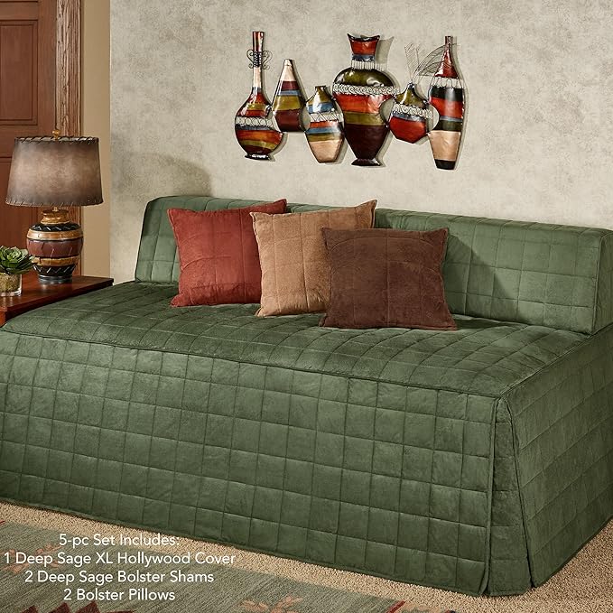 Camden Luxury Bedding | Deep Sage Green Color | Fitted Hollywood Daybed Bedding | Faux Suede Box Quilted Design | 5 Piece Set With Extra Long Hollywood Cover, 2 Bolster Shams, and 2 Bolster Pillows