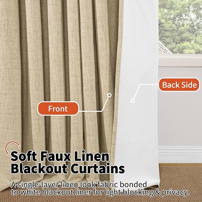 60 Inch Wide Linen Blackout Curtains for Living Room/Bedroom 84 Inch Length 2 Panels, Total Black Out Thermal Insulated Soundproof Grommet Boho Window Drapes White Liner for Modern Farmhouse, Burlap