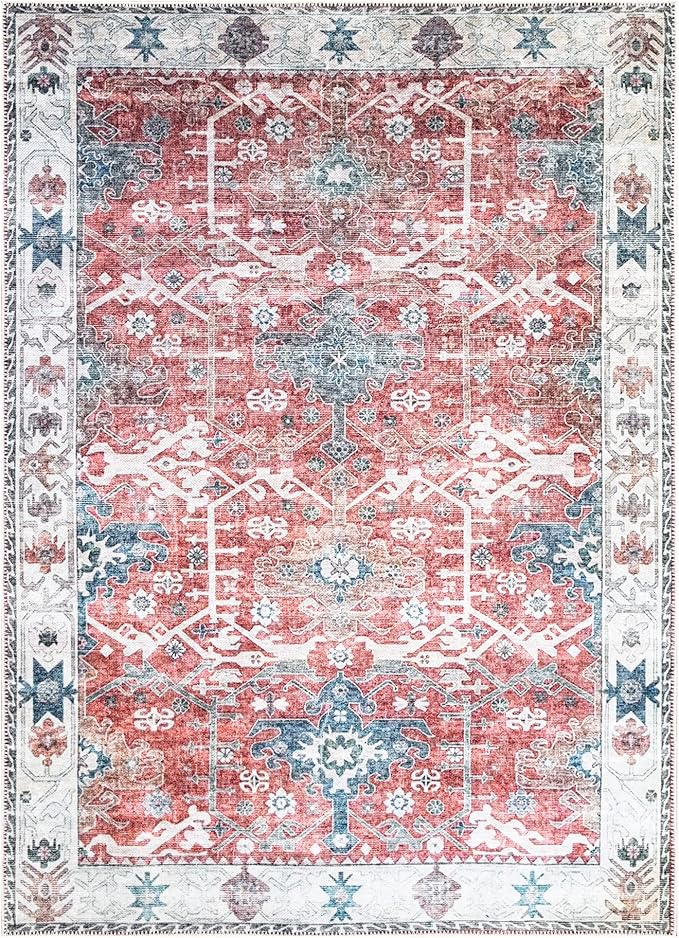 Bloom Rugs Washable Non-Slip 3' x 5' Rug - Red/Blue Traditional Area Rug for Living Room, Bedroom, Dining Room, and Kitchen - Exact Size: 3' x 5'