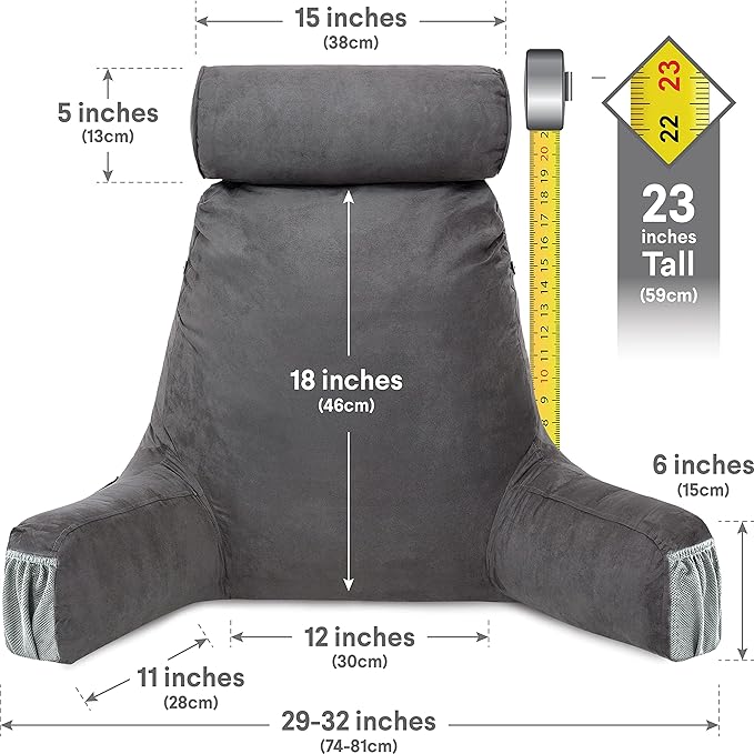 Husband Pillow Medium Aspen Edition Iron Grey, Sit Up Reading & Bed Rest with Arms, Ultra-Comfy, Detach Neck Roll - Premium Shredded Memory Foam Backrest, Reverses to Micro: Suede or Plush