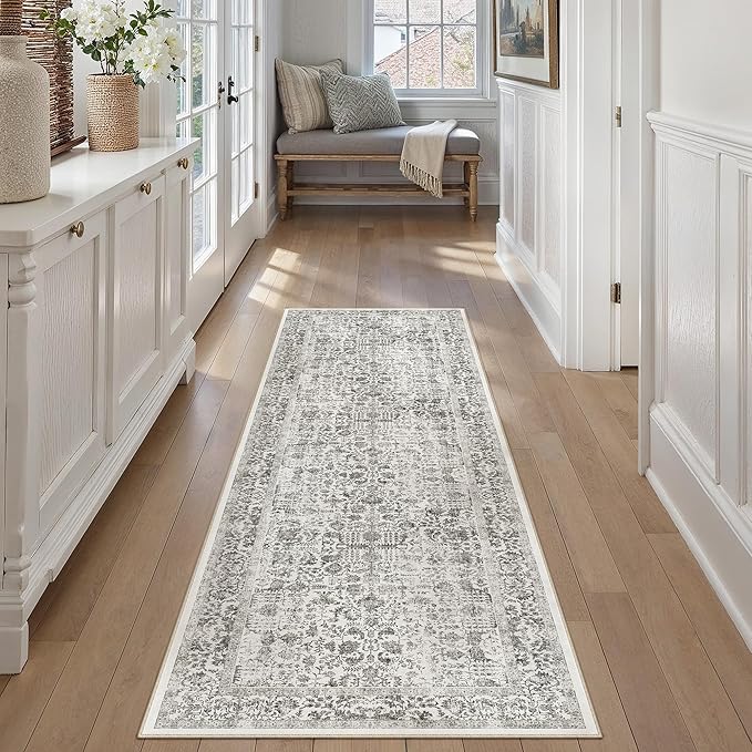Black Runner Rug 2x5 Hallway Machine Washable Kitchen Vintage Distressed Non Slip Long Carpet Indoor Retro Floral Bedroom Accent Throw Rug for Bathroom Office Laundry Dining Room