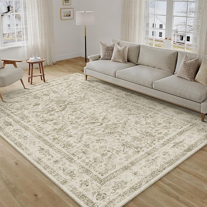 Taupe 6x9 Area Rug Vintage Washable Living Room Carpet Non Slip Bedroom Indoor Office Low Pile Large Traditional Distressed Retro Accent Rug for Dining Room Bathroom Kitchen