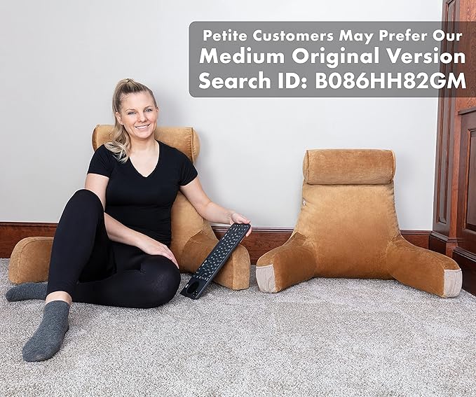 Husband Pillow XXL – Reading Pillow Bed Chair with Arms & Back Support – Tan - Back Pillow for Beds Sitting Up – Bed Rest Arm Pillow – Comfy Reading Pillow for Adults