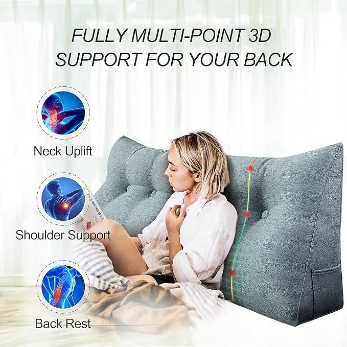 homecozy Wedge Headboard Pillow Dorm Room Reading Pillow Back Support for Sitting Up in Bed Bolster Lumbar Cushion Body Positioning Bedrest Cotton Linen 39in Gray Twin