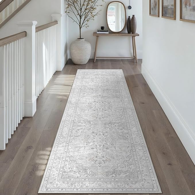 Grey 2x8 Runner Rug Washable Vintage Long Carpet for Hallway Kitchen Soft Retro Floral Low Pile Indoor Runner Non Slip Central Medallion Throw Rug for Bathroom Bedroom Laundry Dining Room