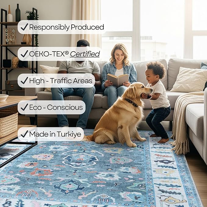 Fame Rugs Teal Modern Oushak Rug 5x7, Washable Vintage Turkish Colorful Oriental Antique Inspired Area Rugs, Luxury Living Room Bedroom (995T, 5' x 7')