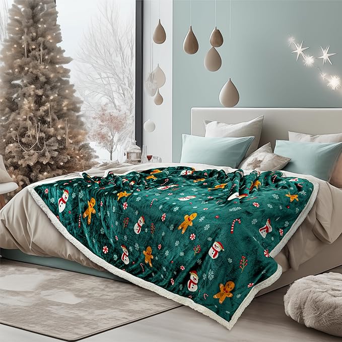 PAVILIA Green Christmas Sherpa Throw Blanket, Gingerbread Snowman Holiday Pattern, Soft Reversible Fleece & Sherpa 50x60 Winter Blanket for Couch & Bed, Cozy Christmas Decor