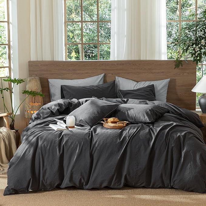 MooMee Wavy Striped Duvet Cover Set 100% Washed Cotton Linen Like Textured Breathable Durable Soft Comfy (Charocal Grey, Oversized Queen 98"x98")