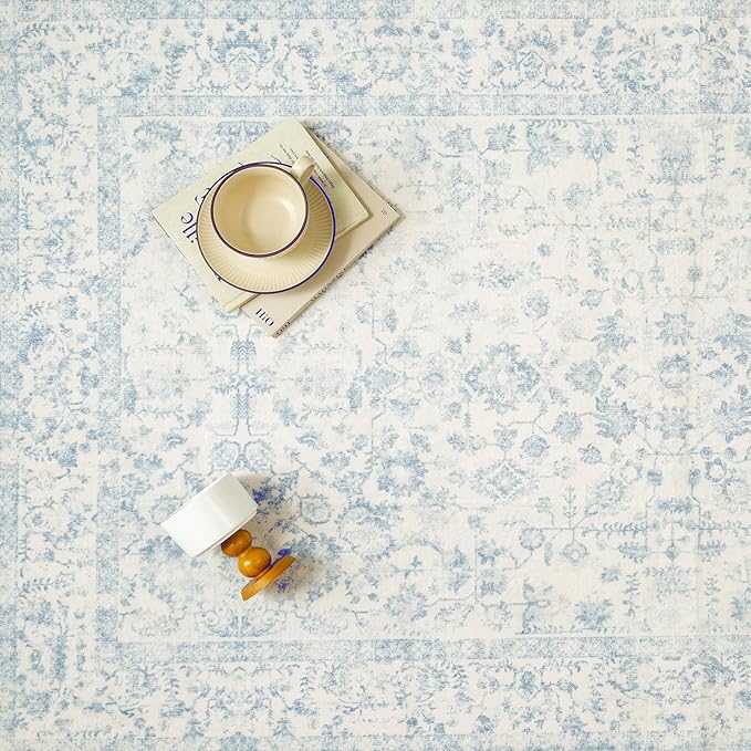 4x6 Blue Area Rug Non Slip Vintage Office Entryway Rug Distressed Machine Washable Kitchen Carpet Traditional Retro Floral Accent Throw Door Mat for Bedroom Bathroom Dining Living Room