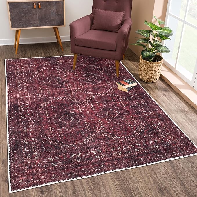 Bloom Rugs Washable Non-Slip 2' x 3' Rug - Dark Red Traditional Bordered Area Rug for Living Room, Bedroom, Dining Room, and Kitchen - Exact Size: 2' x 3'