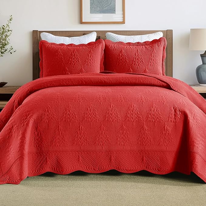 MarCielo 3-Piece Christmas Quilt 100% Cotton Oversized Bedspread Lightweight Coverlet Embroidery Christmas Tree Pattern Bedding Set (TC Red, Oversized King (118"x106"))