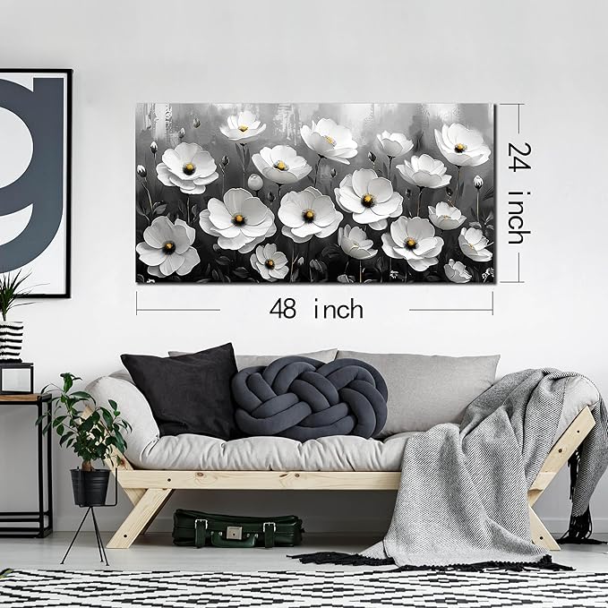 Prepeyssee Black and White Botanical Wall Art floral wall decor for Bedroom Living Room Office Modern Artwork Canvas Prints 24x48 Inch