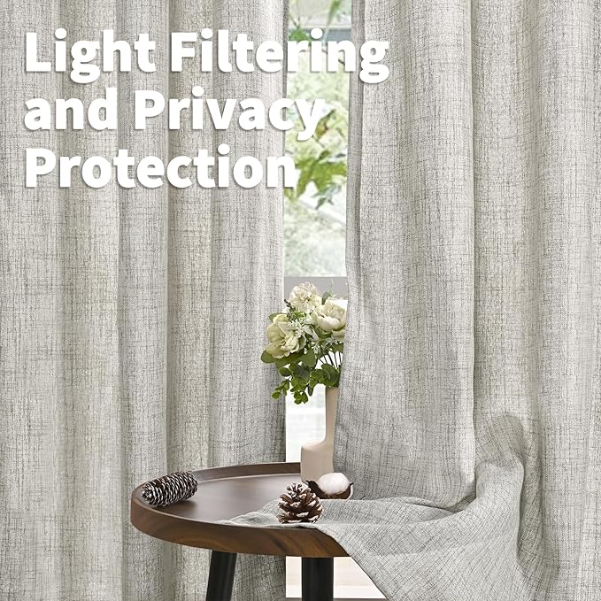 YoungsTex Linen Curtains 90 Inches Length for Living Room, Dark Grey Light Filtering Semi Sheer Drapes with Bronze Grommet for Bedroom Dining Room Office, 2 Panels, 52 X 90 Inch