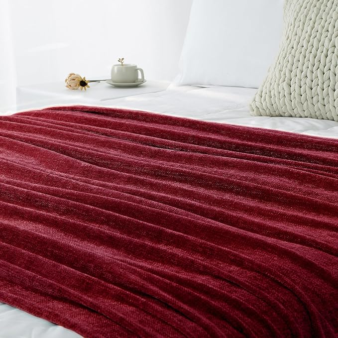 Chenille Throw Blanket for Couch 50"X 60", Soft Cozy Throws with Fringe Tassel for Bed Sofa Chair Cover, Lightweight Knitted Decorative Boho Blankets for Living Room, Red