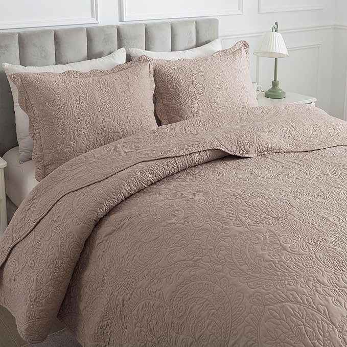HoneiLife Quilt Sets King Size - Microfiber Bedspreads for King Bed, 3-Piece Lightweight Coverlets, Retro Bedlinen Sets, King Quilt Bedding Set All Season Use-Dark Khaki