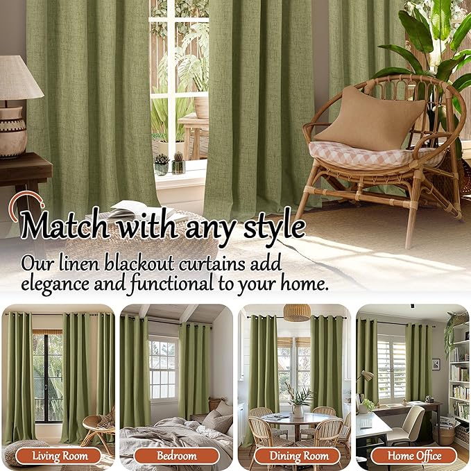 Olive Green Linen Blackout Curtains - 84 Inch Long Total Black Out Curtains for Bedroom Living Room, Thermal Insulated Room Darkening Light Blocking Faux Linen Curtains Each 52x84 Inch 2 Panels