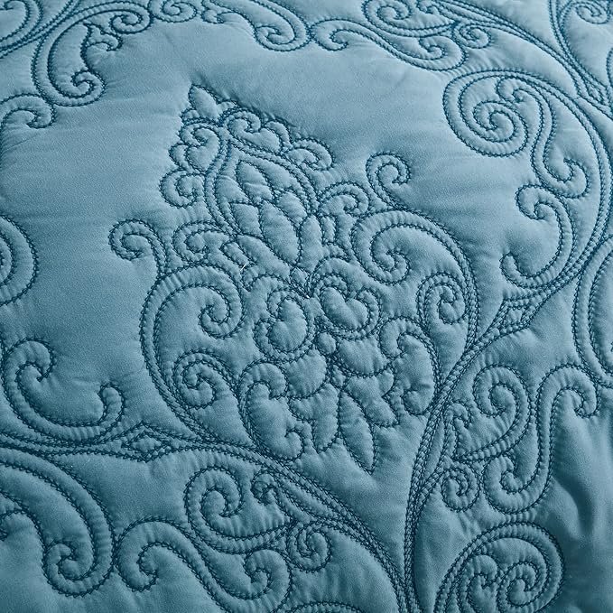 CHIXIN Oversized Bedspread Coverlet Set King Size - Lightweight Bedding Cover - Beautiful Stitching - 5 Piece Reversible Bedspread - Luxury Damask Paisley Pattern (King, Lagoon)