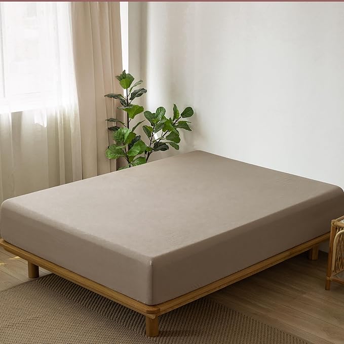 MooMee Fitted Bottom Sheet Only 100% Washed Cotton Linen Like Textured Breathable Durable Soft Comfy Deep Pocket Fits Mattress up to 17" (Mocha Brown, King)