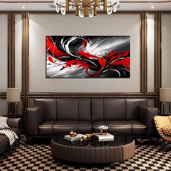 Black White and Red Abstract Print Picture Painting Large Canvas Wall Art for Living Room Bedroom Framed Canvas Wall Decor Modern Room Abstract Wall Decorations Artwork Size 24x48 Ready to Hang