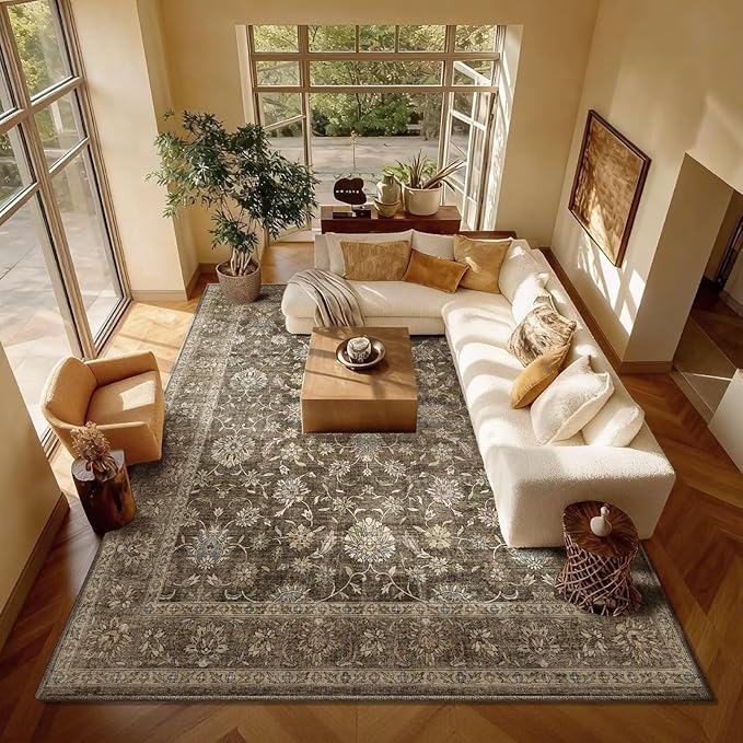 Washable 8x10 Area Rugs for Living Room, Boho Non-Slip Vintage Distress Large Rugs for Bedroom Dining Room Nursery Office, 0.3" Neutral Oriental Throw Thin Carpet, Tan/Flaxen/Multi