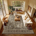 Washable 8x10 Area Rugs for Living Room, Boho Non-Slip Vintage Distress Large Rugs for Bedroom Dining Room Nursery Office, 0.3" Neutral Oriental Throw Thin Carpet, Tan/Flaxen/Multi