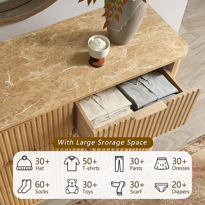 win2win 6 Drawer Dresser, Modern Dresser with Storage, 47" Wide Fluted Chest of Drawers with Faux Marble Top, Dressers TV Stand, Minimalist Drawers Organizer for Bedroom, Living Room, Hallway, Oak