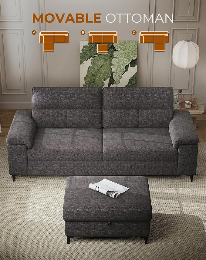 88.97" L Shaped Sectional Couches for Living Room, Deep Seat Sofa with Storage Ottoman & 8”Cushion, Comfy 2-Seater Chenille Loveseat, Convertible Armrest, Removable Cover for Small Space(Dark Gray)