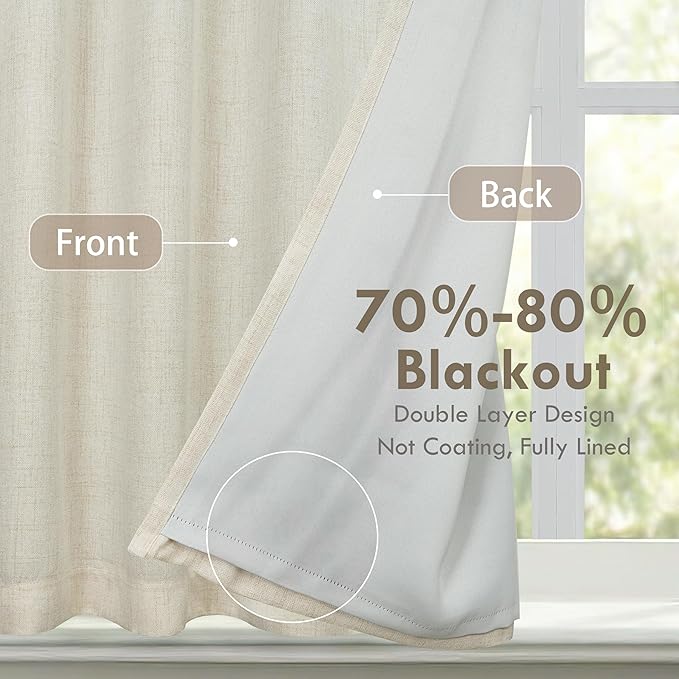 DriftAway Double Layer Linen Blackout Tie Up Curtains Thermal Insulated Fully Lined Balloon Roman Shade Bathroom Window Adjustable Rod Pocket for Small Window 45 Inch by 63 Inch Beige