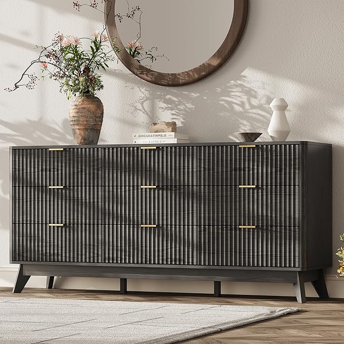 63'' Wide 9 Drawers Dresser for Bedroom,Modern Fluted Vertical Chest with Rounded Corners,Fluted Dresser for Living Room,Hallway, Black