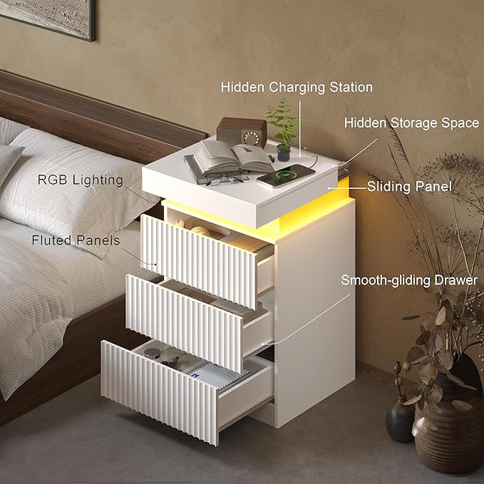 Nightstand Set of 2 for Bedroom, LED Nightstand with 3 Drawers and Charging Station, Mid Century Modern Fluted Nightstands, Bedside Tables & End Tables, White