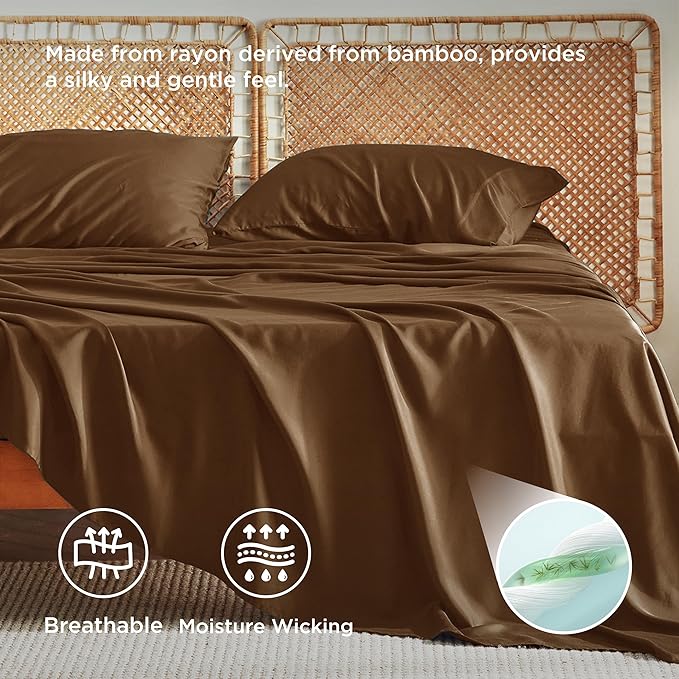 Bedsure Full Size Bed Sheets, Cooling Sheets, Rayon Derived from Bamboo, Breathable & Soft, Deep Pocket Up to 16 Inches, Hotel Luxury Silky Bedding for Hot Sleepers, Brown