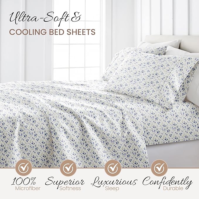 Linen Market 4 Piece King Sheet Set - Breathable, Double-Brushed Patterned Cooling Sheets – Oeko-TEX Certified Ultra Soft & Wrinkle-Free 16" Deep-Pocket King Sheets - Easy Care Blossoms Light Blue