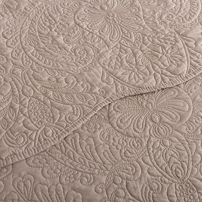 HoneiLife Queen Quilt Bedding Set - Microfiber Quilt Sets for Queen Bed, 3-Piece Lightweight Bedspreads,Reversible Coverlets Rustic Bedlinen Sets, Floral Bedding Set All Season Quilts-Dark Khaki