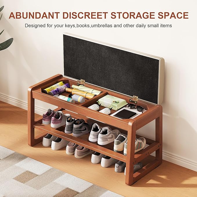 Shoe Bench Storage Rubberwood with Leather Cushion 31.5", Waterproof Easy to Clean 550LBS Organizer Shoe Rack for Entryway, Hallway, Mudroom, Front Door