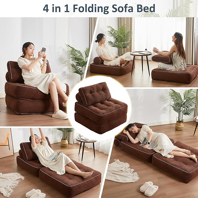 Folding Chair Bed, Futon Sofa Bed, Floor Couch for Adults Chair Bed for Living Room, Lounge Sofa, Convertible Sofa Bed, Small Couches for Small Spaces,Brown