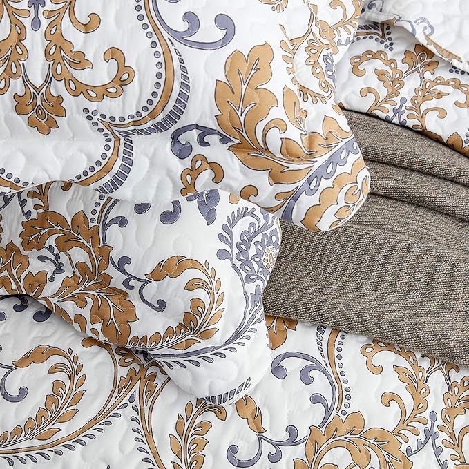 CHIXIN Oversized Queen Bedspread - Luxury Collection - European Damask Paisley Pattern - Classic & Gorgeous Bedding Cover, Lightweight, Ultra Soft, 5 Piece, 100% Microfiber, White/Khaki/Grey