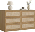 SICOTAS Dresser for Bedroom - 50" Wide 6 Drawer Dresser Rattan Dressers & Chests of Drawers Boho Drawers for Bedroom Bedside Table Clothes Large Closet Storage for Closet Hallway Entryway