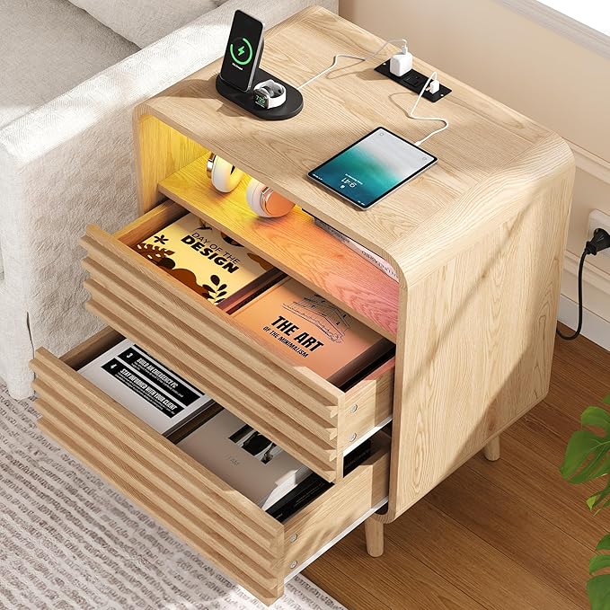 22.4"W Fluted Night Stand with 2 Drawers and Opening Shelf, RGB Nightstand with Charging Station, Wooden Bedside Table with Solid Wood Legs, End Table for Bedroom, Curved Profile Design, Natural Oak