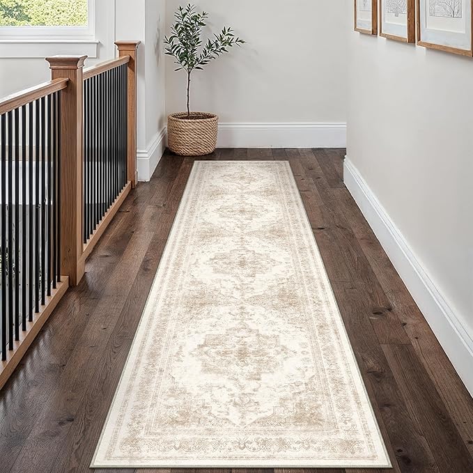 Runner Rug 2x10 Cream Hallway Washable Beige Carpet Non Slip Vintage Medallion Beige Carpet Low Pile Soft Distressed Retro Indoor Long Rug for Entryway Kitchen Bathroom Laundry Bedroom
