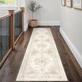 Runner Rug 3x10 Cream Hallway Washable Beige Carpet Non Slip Vintage Medallion Beige Carpet Low Pile Soft Distressed Retro Indoor Long Rug for Entryway Kitchen Bathroom Laundry Bedroom