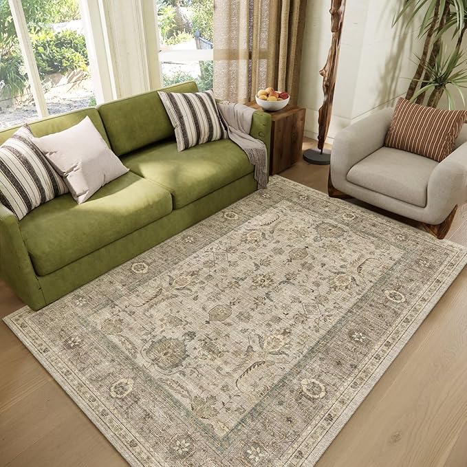 Washable 4x6 Rugs for Living Room, Boho Non-Slip Vintage Distress Small Rugs for Bedroom Nursery Office, 0.3" Neutral Oriental Throw Thin Carpet with Cushioning Pad, Flaxen/Brown/Multi