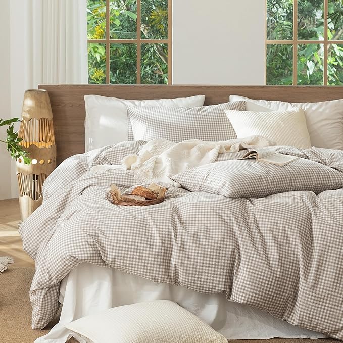 MooMee Gingham Duvet Cover Set 100% Washed Cotton Linen Like Textured Breathable Durable Soft Comfy Modern Checkered Design (Mini Gingham Tannish Linen Grey, Cal King 104"x98")