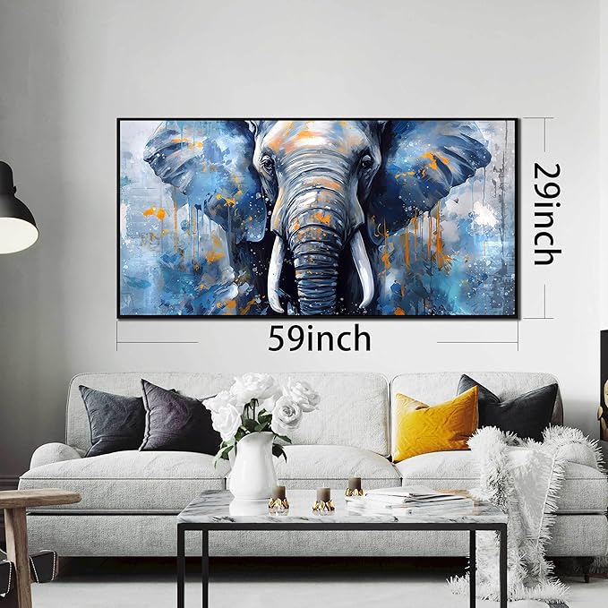 Elephant Wall Art for Living Room, Animal Canvas Wall-Decor for Bedroom, Blue Picture Print, Large Size 59x29 Inches Framed