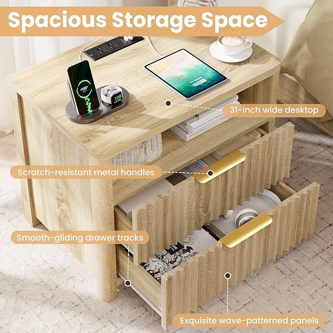 CypBed NightStand Set of 2 with Charging Station, Bedside Tables with 2 Drawers & Storage Shelf, Wood Fluted Nightstand with Rounded Corner Design, Modern End Table for Bedroom, Easy Assembly
