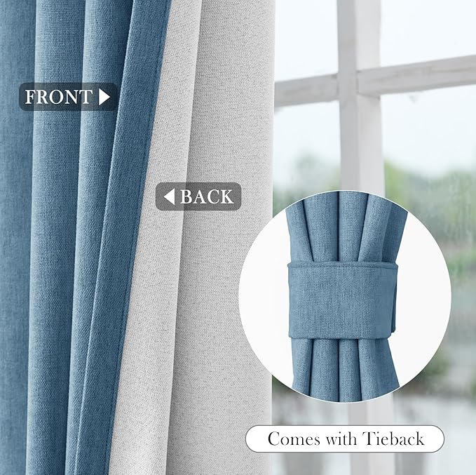 Macochico 100% Blackout Curtains Thermal Insulated Noise Reducing Chenille Curtains for Hotel Auditorium Bedroom Living Room Grommet Ashtray Blue Curtains with Tieback Classic 52" Wx84 L 1 Panel