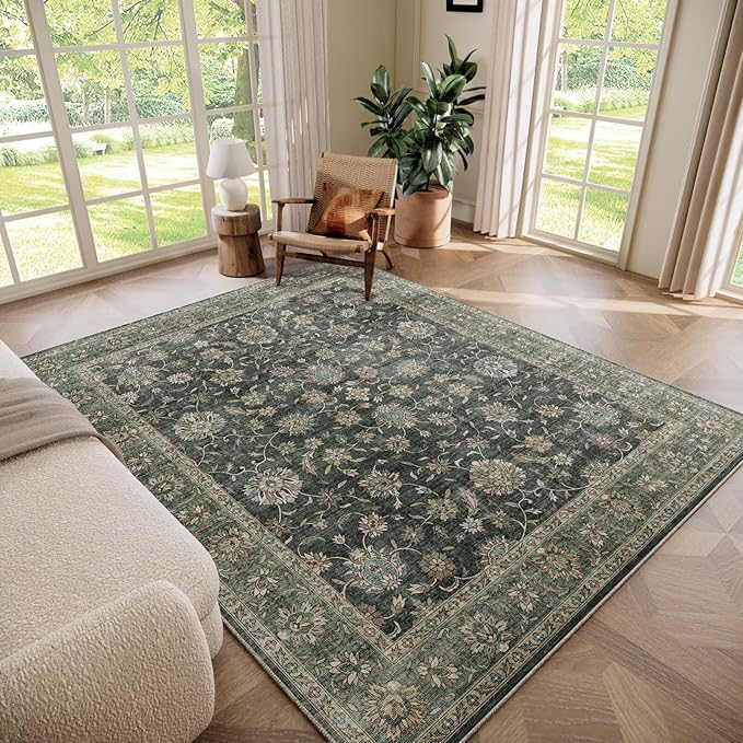 Washable 6x9 Area Rugs for Living Room, Boho Non-Slip Vintage Distress Large Rugs for Bedroom Dining Room Nursery Office, 0.3" Neutral Oriental Throw Thin Carpet, Sage Green/Blue/Multi
