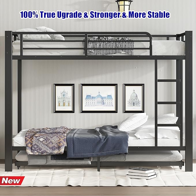 Higher Quality & Stronger Metal Bunk Bed Twin XL Over Twin XL Size Bunkbed Frame, Thickened Heavy Duty More Stable Steel Bunk Bed with Twin Size Trundle
