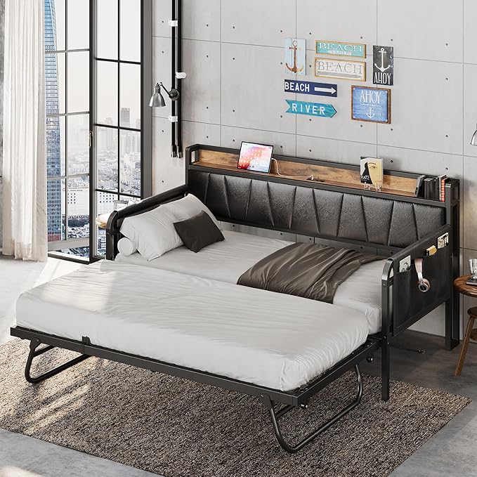 LIKIMIO Daybed with Trundle Bed, Twin Bed Frame with Storage Headboard and Charging Station, Sofa Day Bed with Strong Supports for Living Room, Bedroom, and Guest Room, Black