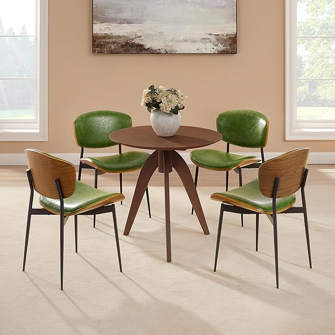 Art Leon Faux Leather Dining Chairs - Set of 2 Mid Century Modern Desk Chair No Wheels, Armless Accent Chair with Black Metal Legs, Green/Walnut